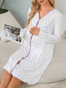 Moonlight&Mama Maternity Floral Printed Colorblock Nightgown With Lace Trim, Pajama Dress, For Fall, Winter - White - View 4