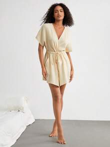 Vestido de manga corta abotonado ajustado con material natural 100% algodón - color caqui - Caqui - Ver 7