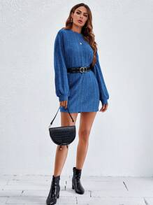 SHEIN LUNE 女性鐘形袖緊身連衣裙,具有肋紋紋理 - 寶藍色 - 查看 3