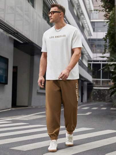 Manfinity VCAY 男士大尺碼字母印花短袖 T 卹+褲子休閒兩件套