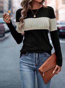 EMERY ROSE Women Black Long Sleeve T-Shirt Patchwork Thermal Lined Sweatshirt For Autumn Graphic Tees Women Tops For Spring Outfit Fall Cloth For Women