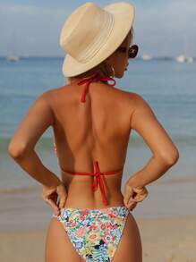 SHEIN Swim Women's Floral Printed Halter Neck Bikini Set Valentine Summer Beach - Multicolor - View 6