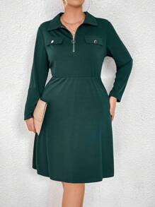 SHEIN LUNE Plus Size Half Placket Long Sleeve Dress With Flip Detail And Zip Closure - Dark Green - View 5