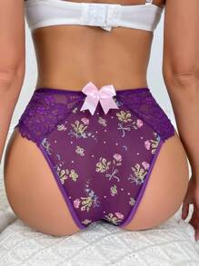 1件配蝴蝶結裝飾、蕾絲面料、三角褲款的內衣褲 - 紫色 - 查看 2