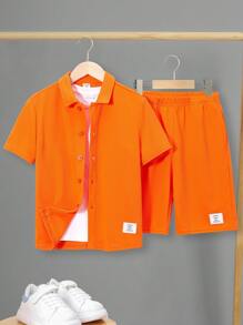 SHEIN Tween Boys' Comfortable Casual Solid Color Patch Detail Two Piece Set - Orange - View 1
