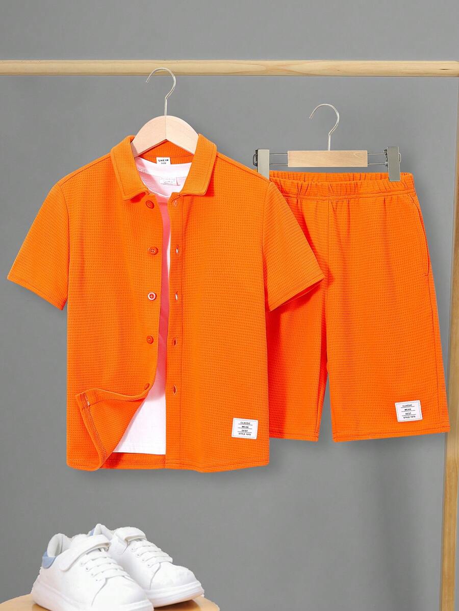 SHEIN Tween Boys' Comfortable Casual Solid Color Patch Detail Two Piece Set - Orange - View 1
