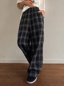 DAZY 女士松紧腰格纹抽绳宽松长款休闲裤，秋装格子