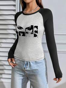 SHEIN Essnce Women's Eye Printed Color Block Raglan Long Sleeve T-Shirt - Multicolor - View 1