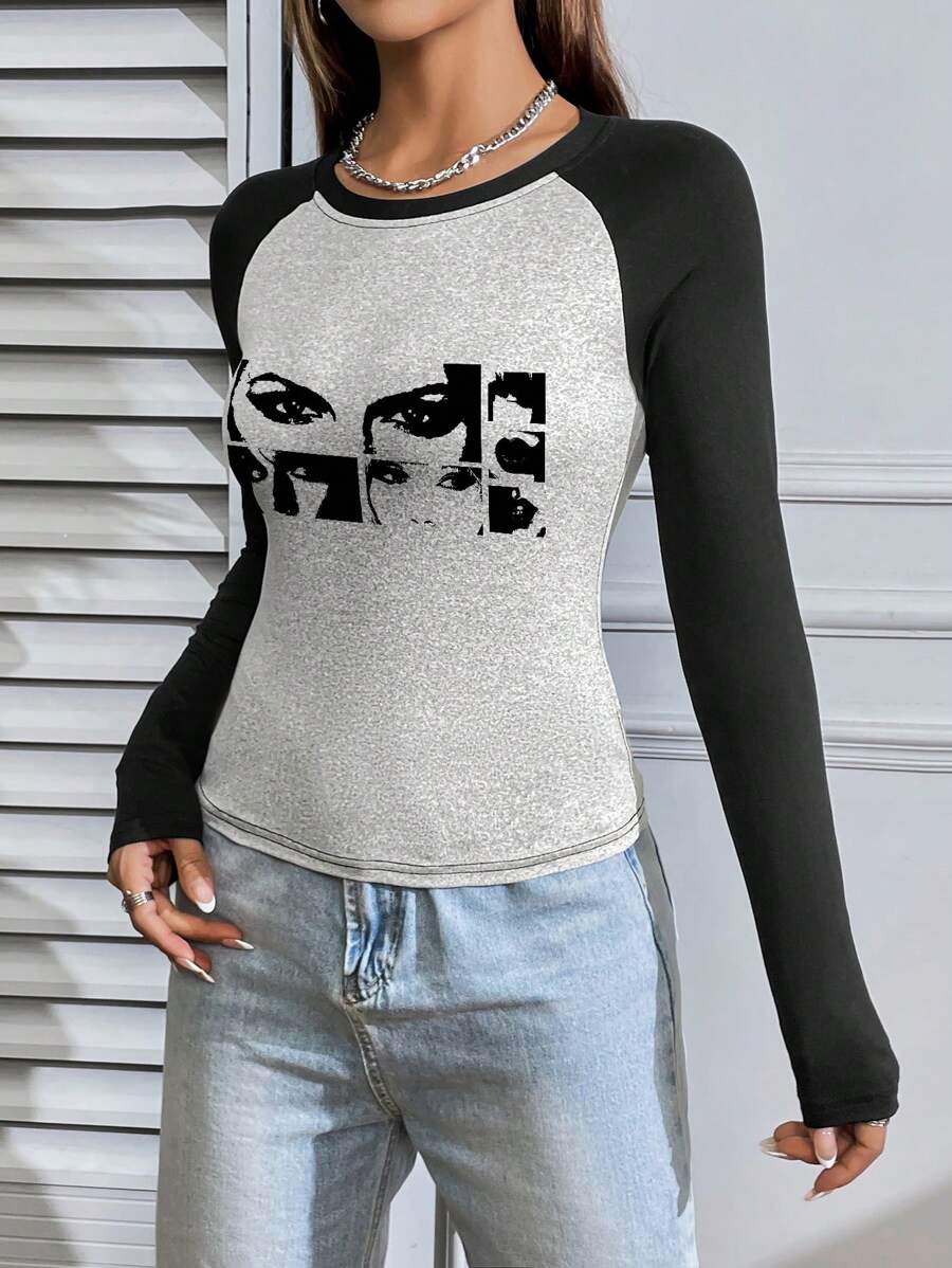 SHEIN Essnce Women's Eye Printed Color Block Raglan Long Sleeve T-Shirt - Multicolor - View 1