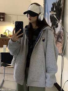 Sudadera Gris Con Cierre Y Estampado De Letra Para Talla Suelta - Gris - Ver 5