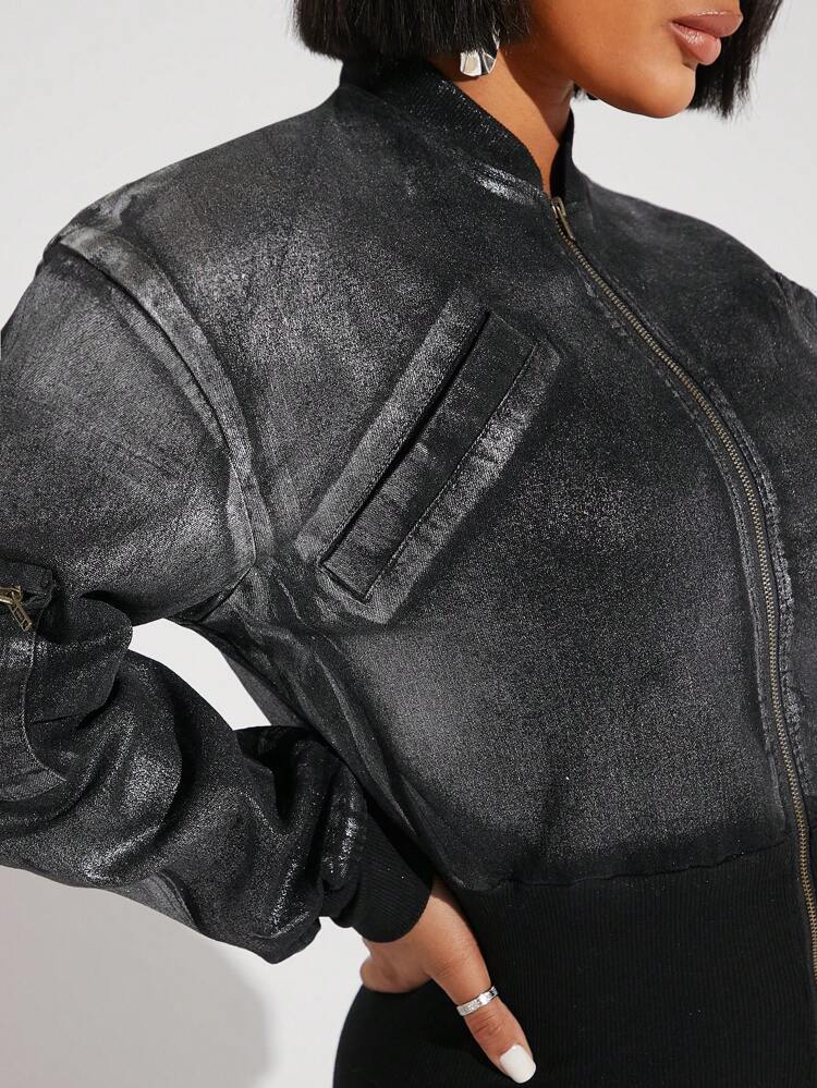 Metallic Denim Ribbed Bomber Jacket