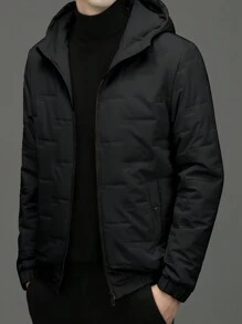 1pc Men's Long Sleeve Solid Color Zip-Up Hooded Padded Coat, For Fall Winter - Black - View 1