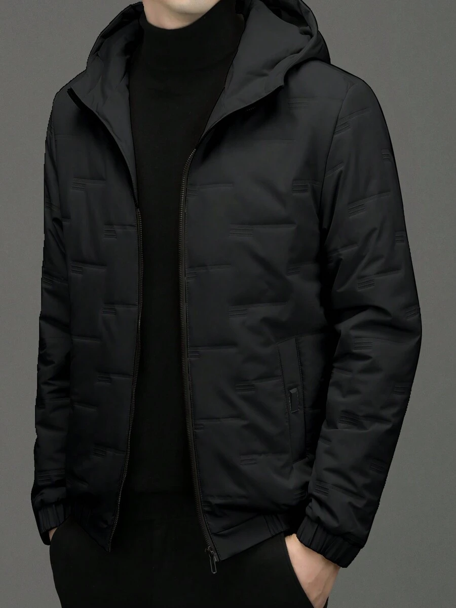 1pc Men's Long Sleeve Solid Color Zip-Up Hooded Padded Coat, For Fall Winter - Black - View 1
