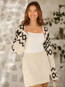 SHEIN VCAY Cárdigan Rayado Con Bloques De Color Para Mujer De Verano Para El Día De San Valentín - Blanco y Negro - Ver 4