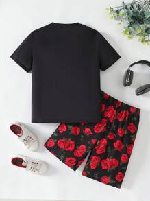 SHEIN Tween Boys' Cartoon Rose Printed T-Shirt And Shorts Set - Multicolor - View 2