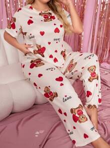 Plus Size Women's Heart-Shaped Bear Printed Short-Sleeved Pyjama Set Pajama Set - Beige - View 5