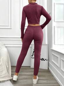 RueChic Women's Stand Collar Cropped T-Shirt And Capri Pants Two Piece Set - Burgundy - View 2
