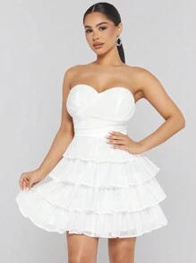 L'Amorae Layered Ruffle Sweetheart Dress - White - View 6