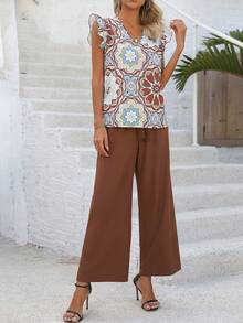 SHEIN Frenchy Viền Ruffle Hoa Áo Và Thắt lưng Quần Bộ - màu nâu - Xem 5