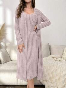 女款羅紋針織細肩帶洋裝 + 長袖長袍家居服套裝 - 淺粉色 - 查看 4