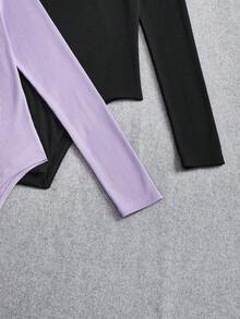 SHEIN 適合青少女穿著的運動街頭針織純色圓領長袖連身褲，2件裝 - 淡紫色 - 查看 5