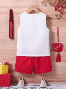 Young Boys 2pcs Chinese Style Outfit With Cool Buckle, Soft, Comfortable, Cool And Breathable, Perfect For Summer Daily Wear - Red and White - View 2