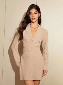 Vestido Largo Con Cinturón De Manga Larga Y Color Sólido - Albaricoque - Ver 7