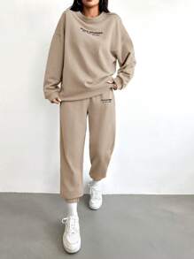 SHEIN Cottnline Letter Graphic Drop Shoulder Sweatshirt & Sweatpants - Camel - View 4