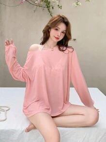 DAZY 1pc Long Sleeve Semi-Sheer Cover Up Summer,Beach Women Outfits
