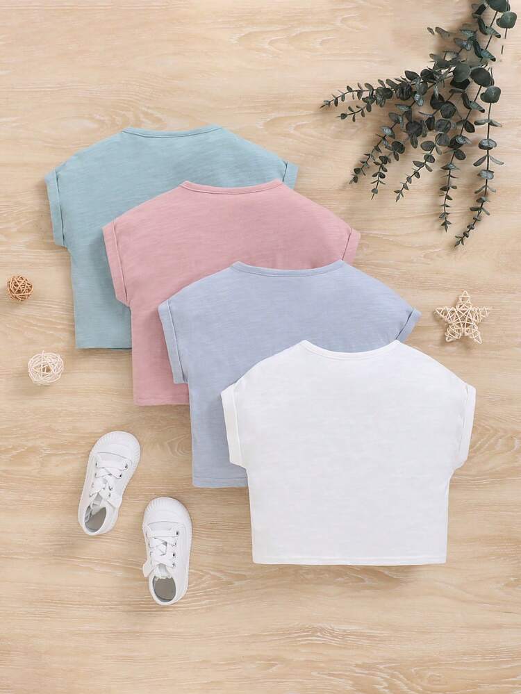 Baby Boys' Soft Knit Solid Color Short Sleeve T-Shirt Set With Round Neckline, 4pcs