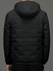 1pc Men's Long Sleeve Solid Color Zip-Up Hooded Padded Coat, For Fall Winter - Black - View 2