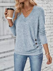 Lymera Blue V Neck Button Detail Casual T-Shirt Tops Fall Autumn And Winter Halloween Work Office Occasion For Women Going Out Party Christmas Thanksgiving New Year Occasion - Baby Blue - View 3