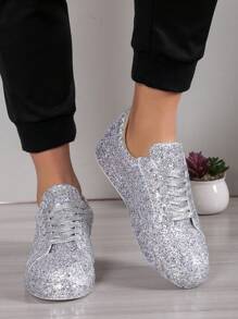 Men's Fashionable Lace-Up Sparkling Sequin Decor Flat Sneakers, Shiny Sport Shoes - Silver - View 1