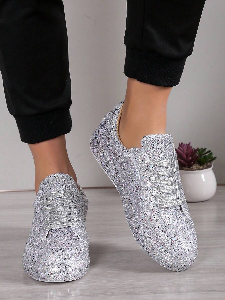 Men's Fashionable Lace-Up Sparkling Sequin Decor Flat Sneakers, Shiny Sport Shoes - Silver - View 1