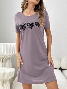 Ladies' Simple Sketch Heart Printed Pajama Night Dress - Violet Purple - View 4
