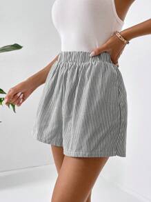 SHEIN Essnce Women's Vertical Striped Elastic Waist Shorts - Grey - View 6