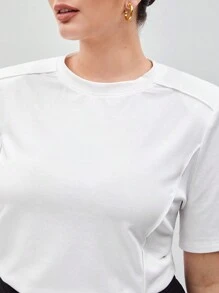 SHEIN Maija Camiseta de manga corta de color blanco sólido con hombreras para mujer de talla grande - Blanco - Ver 8
