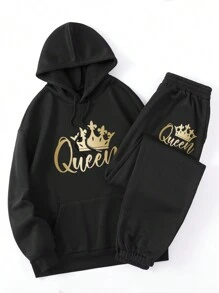 INAWLY 女款皇冠印花連帽抓絨運動服 - 黑色 - 查看 2