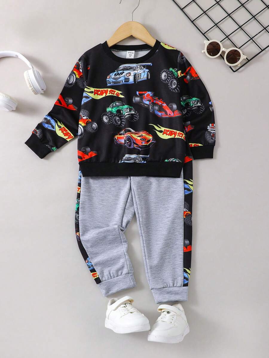 SHEIN 幼童男孩時尚多彩汽車印花運動衫和長褲服裝套裝 - 黑色 - 查看 1