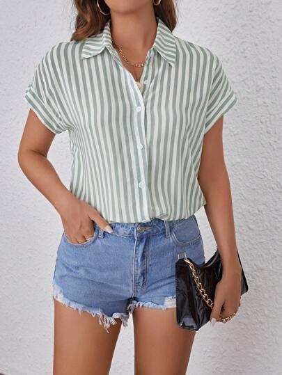 SHEIN Frenchy Women's Striped Batwing Short Sleeve Blouse Summer Green Casual Christmas