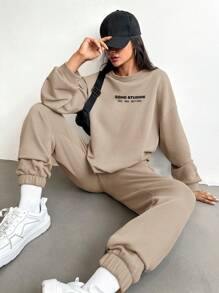 SHEIN Cottnline Letter Graphic Drop Shoulder Sweatshirt & Sweatpants - Camel - View 5