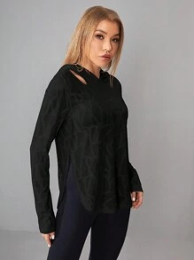 Easithlete Women's Hooded Geometric Texture Sports Sweatshirt Black Zip Up Fall Sweatshirts - Black - View 6