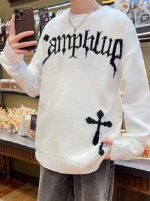 Manfinity Roghcode Men'S Letter Pattern Drop Shoulder Long Sleeve Sweater