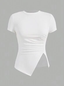 SHEIN Essnce 3pcs/Set Asymmetrical Short Sleeve T-Shirt With Pleat Detail - Multicolor - View 6