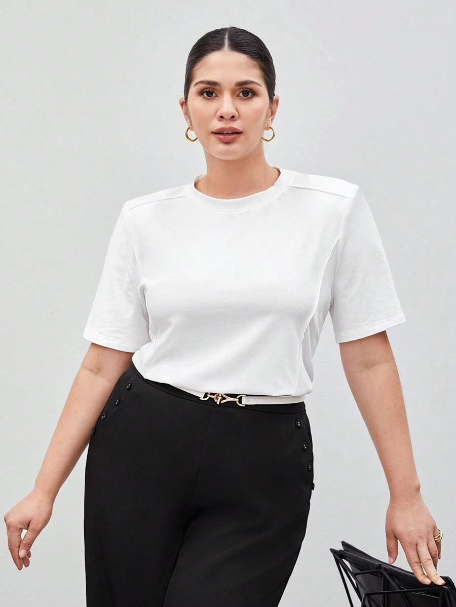 SHEIN Maija Camiseta de manga corta de color blanco sólido con hombreras para mujer de talla grande - Blanco - Ver 1
