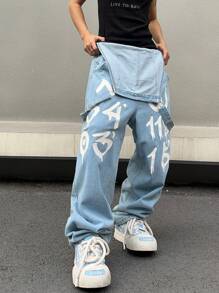 Manfinity EMRG Men's Digit Printed Loose Denim Overalls , Baggy Overall , Letter Light Blue Disco Street Wear Rapper - Light Wash - View 5