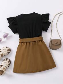 SHEIN Young Girls' Slogan Printed Tee With Ruffle Trim And Belted Skirt Two-Piece Set - Black - View 2