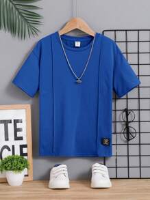 SHEIN 青少年男孩舒適純色休閒t恤 - 寶藍色 - 查看 1