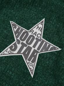 SHEIN ICON 女士長袖露肩t恤,帶有字母和五角星印花 - 墨綠色 - 查看 4