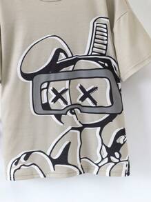 SHEIN 青少年男孩图案酷炫卡通印花短袖 T 恤 - 卡其色 - 查看 5